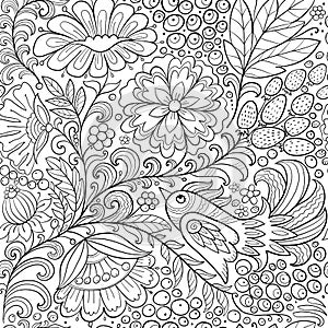 Magic forest with birds, seamless pattern for your design. Coloring page