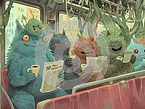 Magic forest creatures in subway car commute