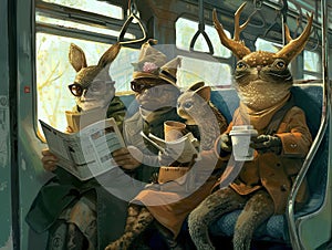 Magic forest creatures in subway car commute
