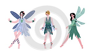 Magic Forest Fairy or Pixie with Wings and in Light Dress Vector Set