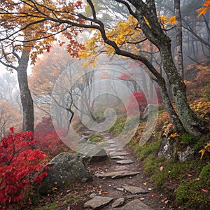 Magic Forest. The fog settled in on Craggy Garden Trail on an autumn day photo