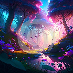 Magic forest landscape with fog and fog. Vector illustration. EPS10 Generative AI