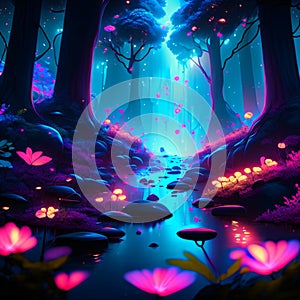 Magic forest with neon light and lotus flower. 3d rendering AI generated