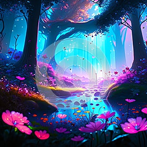 Magic forest in the night. Illustration of a fantasy forest with trees and flowers. AI generated