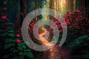Magic forest with red rhododendron flowers and path. Generative AI