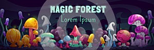 Magic forest scene. Unusual fantasy cartoon colorful mushrooms.