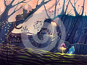 Magic forest summer landscape with fantasy trees, wild animals, cats, mushrooms, grass, flowers, beautiful outdoor illustration