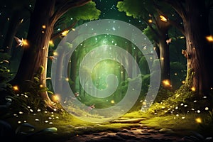 Magic forest with towering trees and fireflies magical fairytale world background