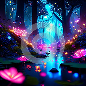 Magic forest with water lily and magic light. 3d rendering Generative AI