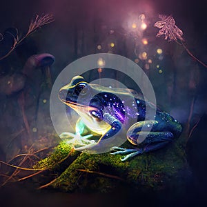 .A magic frog in a dark misty forest with dramatic phantasmal iridescent lighting, ai generated