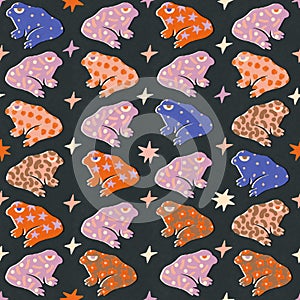 Magic Frogs from fairy tale, funny funky seamless pattern.