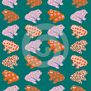 Magic Frogs from fairy tale, funny funky seamless pattern.