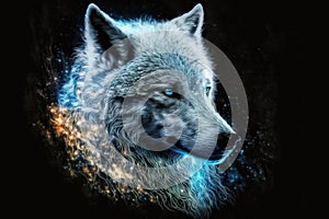 Magic frost wolf with blue eyes on black background. Generative AI