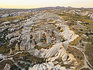 Magic fungous forms of sandstone, Love Valley between Avanos and Goreme road in Cappadocia, the Central Anatolia Region