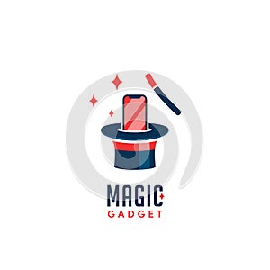 Magic gadget logo with phone pop up from magician hat after knocked with magic stick trick icon logo vector design photo