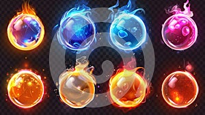Magic game orbs isolated on transparent background. Modern realistic illustration of neon blue, orange, red energy balls
