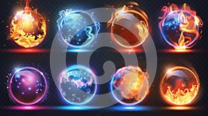 The magic game orbs set isolated on transparent background. Modern realistic illustration of neon blue, orange, and red