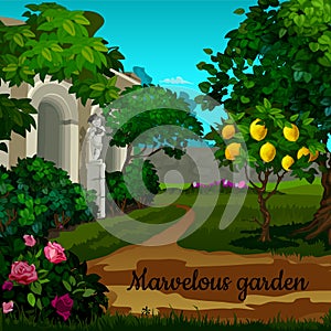 Magic garden with citrus tree, flowers and statuett