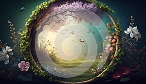 Magic garden with flowers and a round portal Bright summer