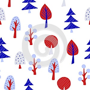 Magic garden seamless pattern with different trees