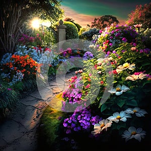 Magic garden in sunlight, beautiful flowers. Beauty in nature. Beautiful garden in realistic style