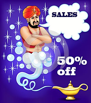 magic genie from a lamp ready to fulfill wishes    sales 50% off