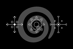 Magic geometry cruciform white symbol set. Circle, square, rhombus with inscribed figures. UFO signs. Design symbols for