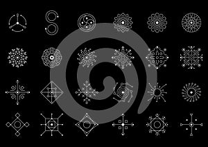 Magic geometry white symbol set. Magic symbols, eye signs. UFO signs. Design symbols for puzzle, logic, Metroidvania