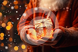 The magic gift box on hand of santa claus, snow flake and bokeh, generative AI
