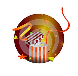 Magic gift box round logo. Surprises and sweets, red ribbons illustration