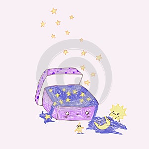 Magic gift box of stars with sun and moon