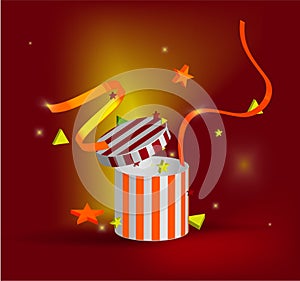 Magic gift box with surprises and sweets, red ribbons illustration on bright red background