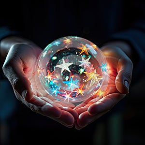 A magic glass ball with a star in female hands. Created by AI