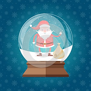 Magic glass snow globe with cute and happy Santa Claus with bag inside.