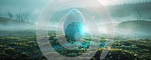 Magic glowing blue egg with sparkles and mysterious haze on mourning spring field. Dragon or other creature egg