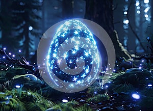 Magic glowing blue egg with sparkles and mysterious haze on mourning spring field. Dragon or other creature egg