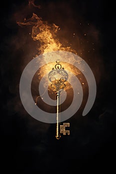 Magic glowing key - Key in flames. Fire.