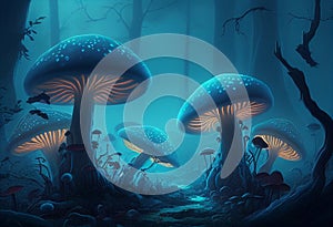 Magic glowing mushrooms in the forest. AI Generated