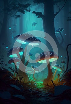 Magic glowing mushrooms in the forest. AI Generated