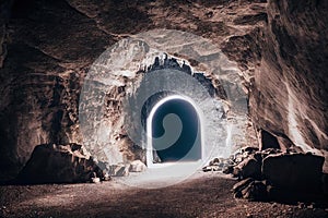 Magic glowing portal in ancient stone arch fairytale background. Mysterious tunnel surrounded with rock cliff and way to