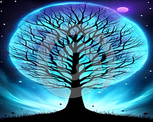 magic glowing tree against blue fantasy sky background. fairytale concept. generative ai
