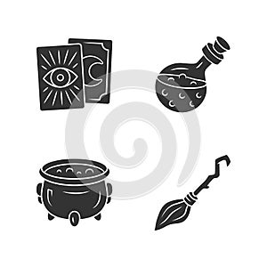 Magic glyph icons set. Tarot cards, potion, witch cauldron and broomstick. Witchcraft and sorcery Halloween items