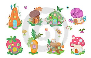 Magic gnome houses, cartoon magic forest elements. Dwarf and fairy lady home in mushroom and pumpkin. Children magical