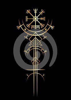 Magic gold ancient viking art deco, Vegvisir magic navigation compass ancient. The Vikings used many symbols sign