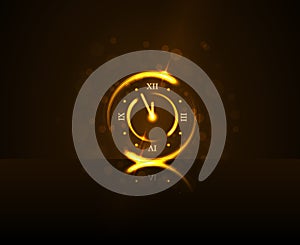 Magic gold clock countdown five minute time. Happy New Year background. Golden decoration for Christmas card, greeting