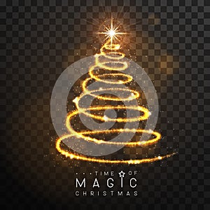 Magic golden Christmas tree silhouette. Magic wand with golden glowing shiny trail.  Isolated on black transparent background.