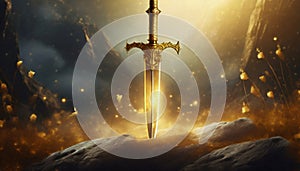 Magic golden sword, ancient fantasy weapon and landscape background, legendary adventure concept