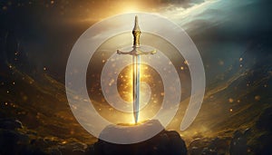 Magic golden sword, ancient fantasy weapon and landscape background, legendary adventure concept