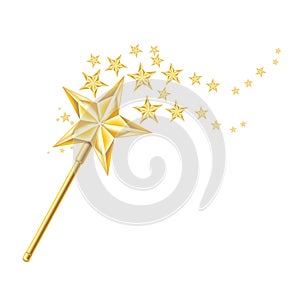Magic golden wand with traces of stars on white