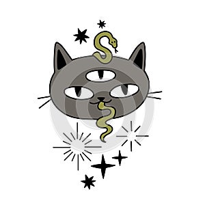 magic gray cat with three eyes and a snake, cartoon vector, postcard